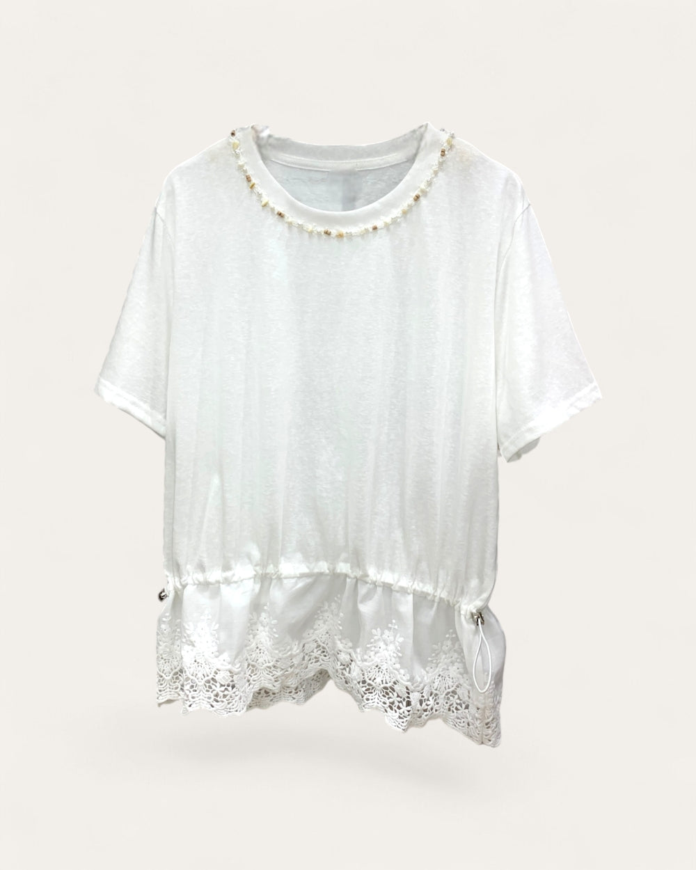Pearl Trim Lace Hem Tee - Zilvina