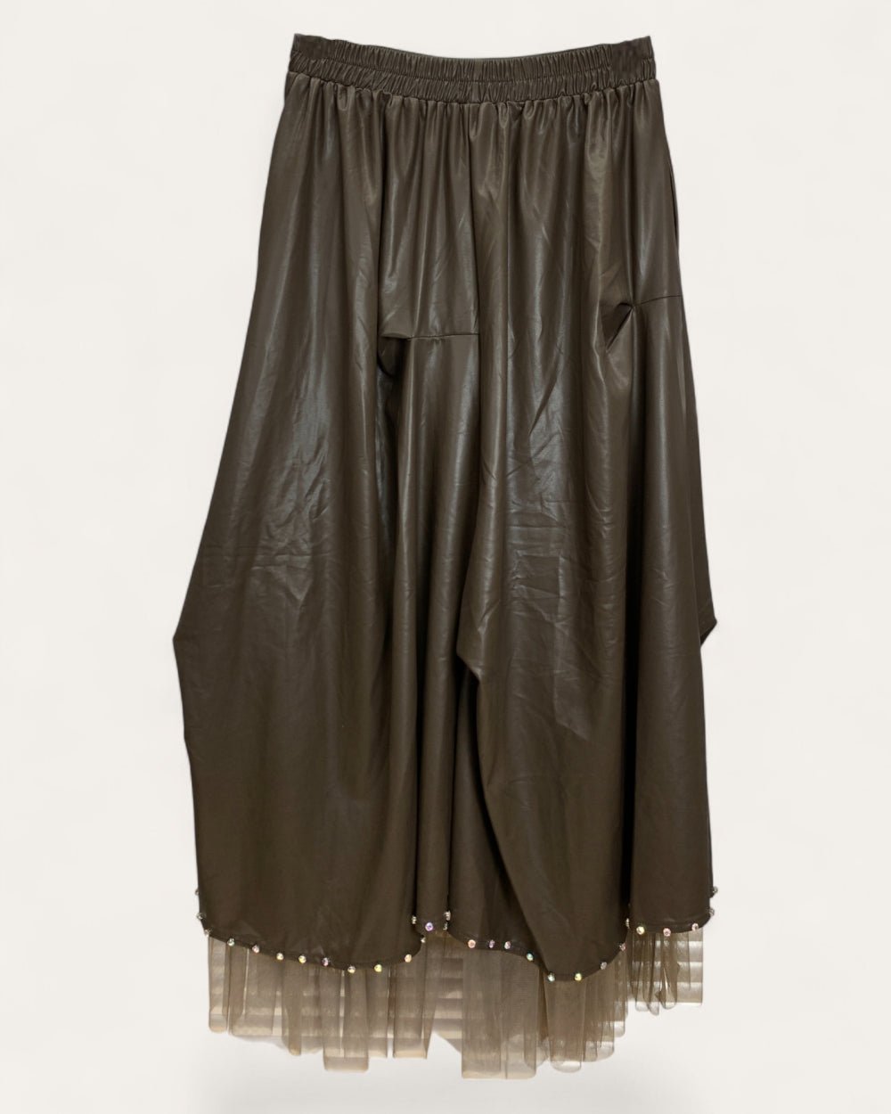 Pearl - Trim Tulle - Hem Faux Leather Skirt - Zilvina