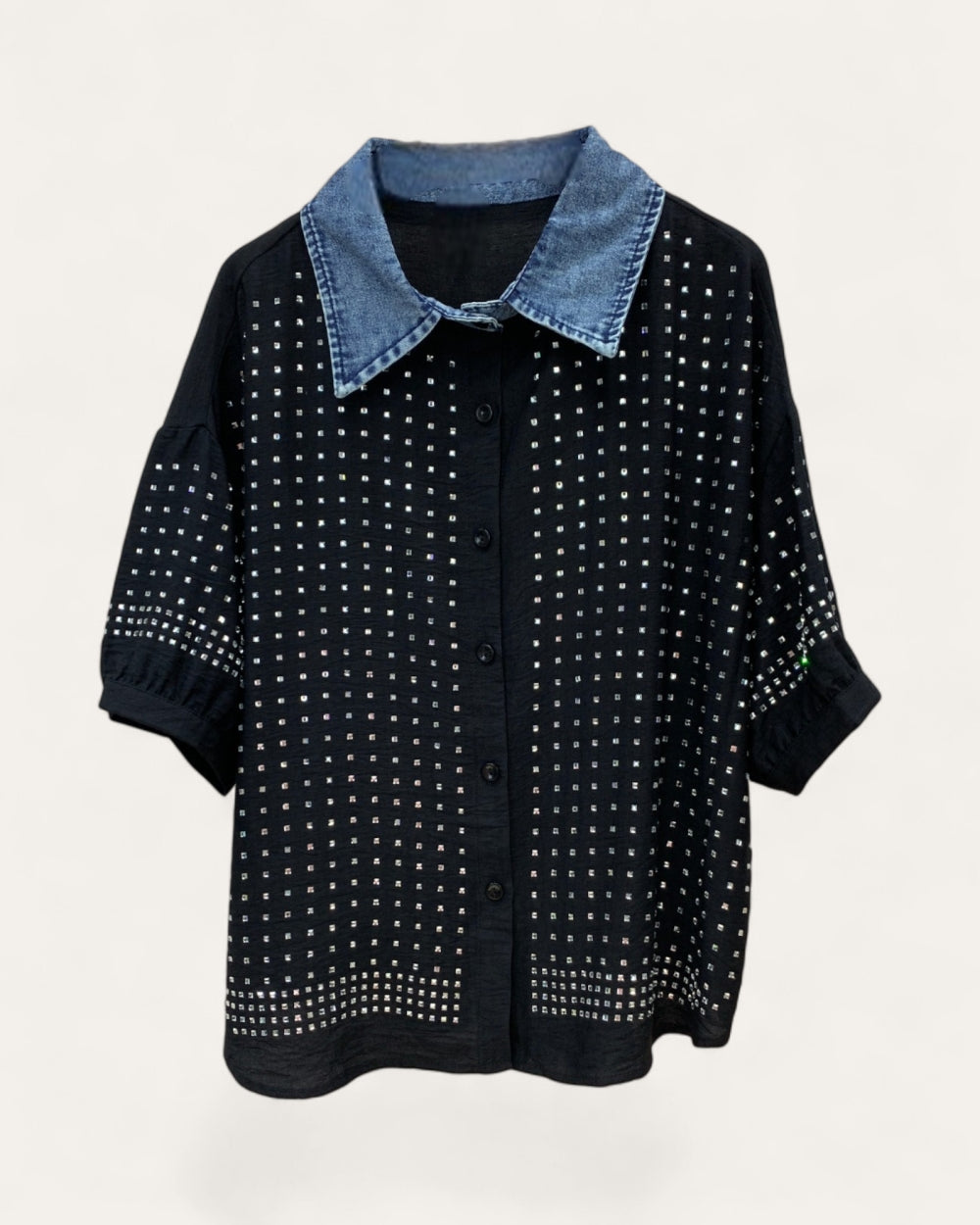 Perforated Knit Denim Collar Cardigan - Zilvina