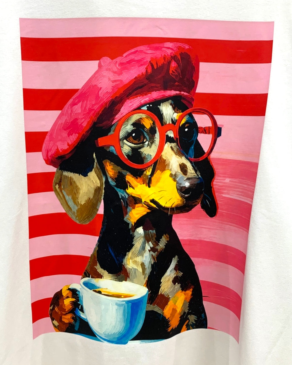 Pink Beret Coffee Dog Graphic Tee - Zilvina