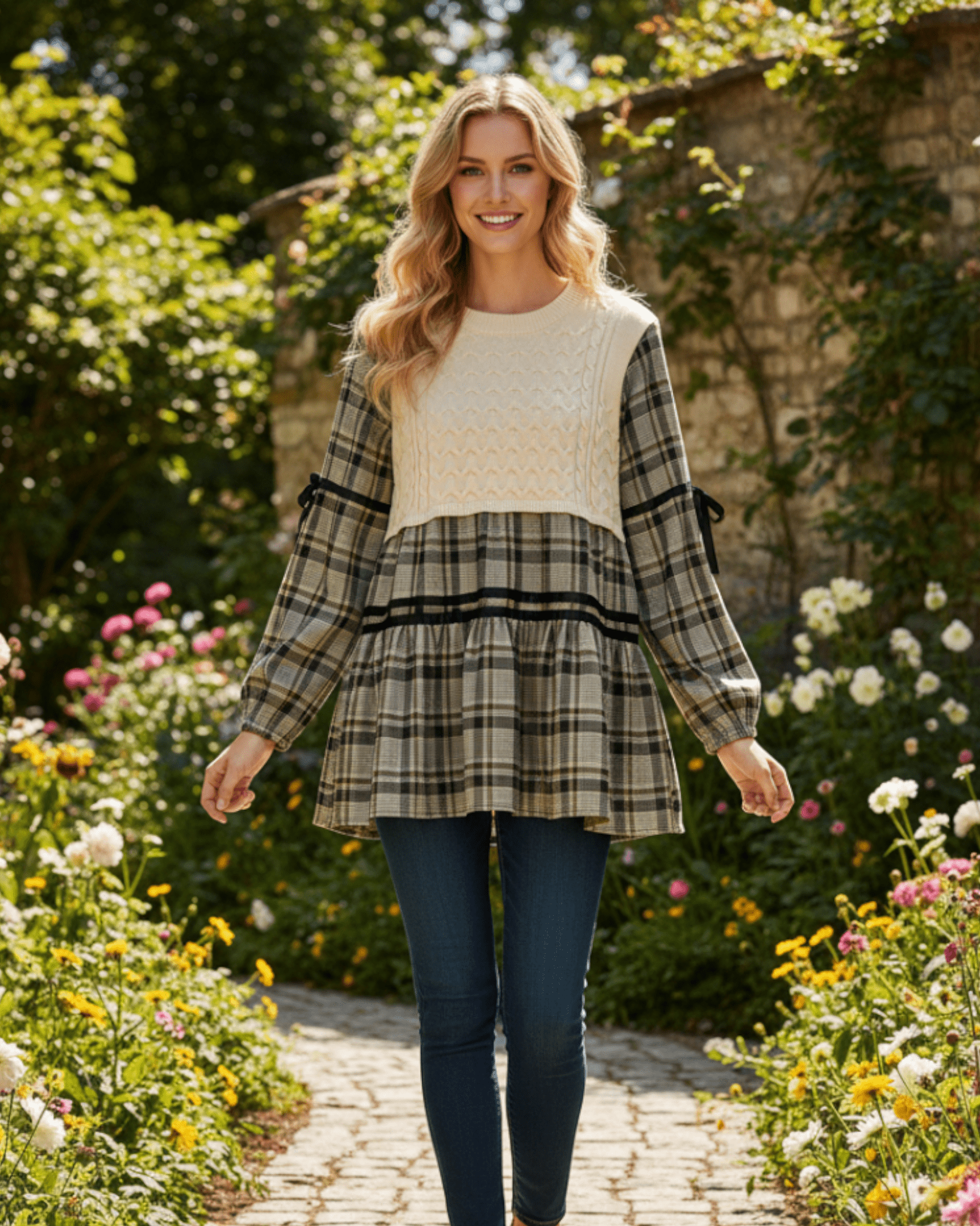 Plaid Patchwork Knit Blouse - Zilvina