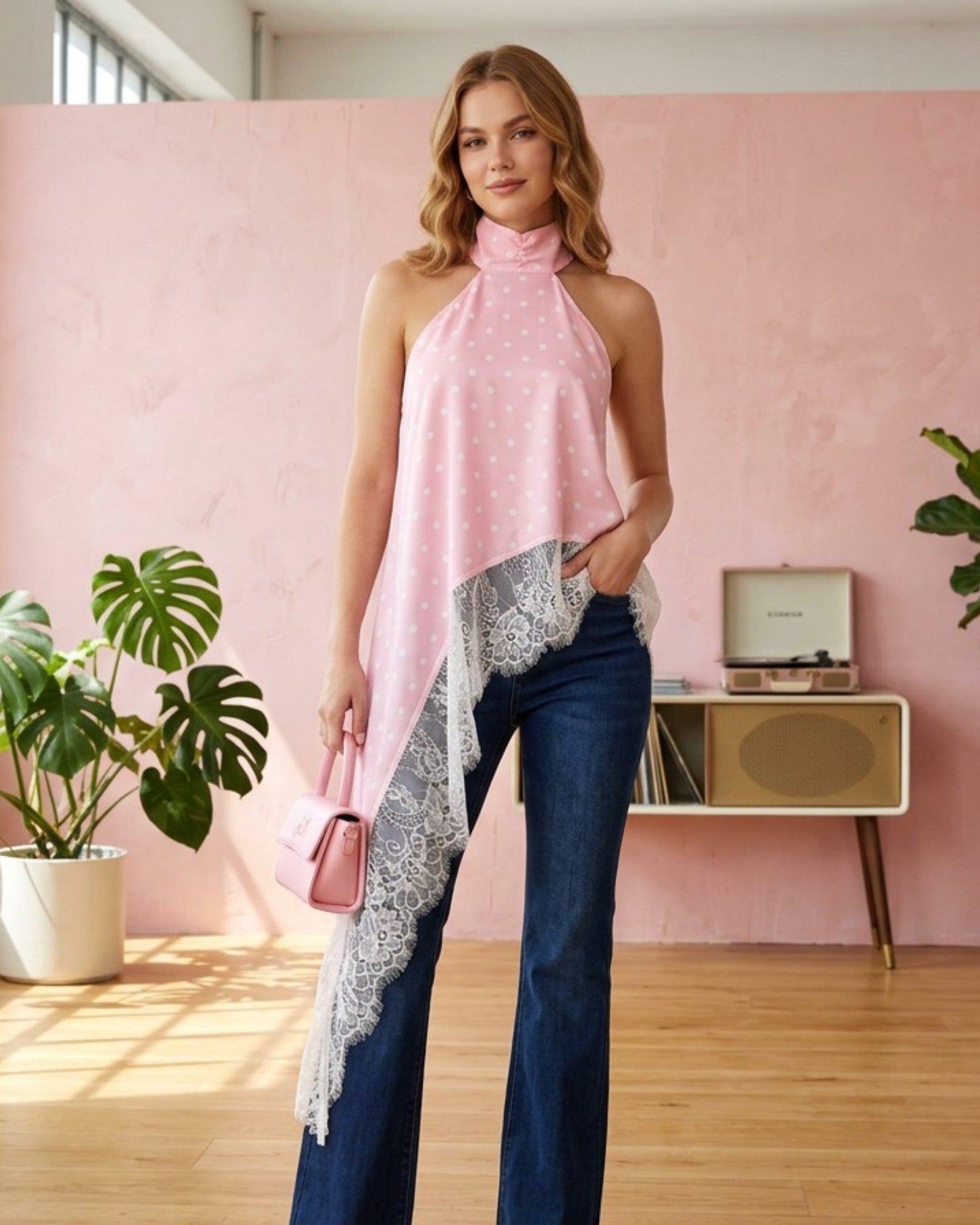 Polka Dot Halter Lace Asymmetric Top - Zilvina