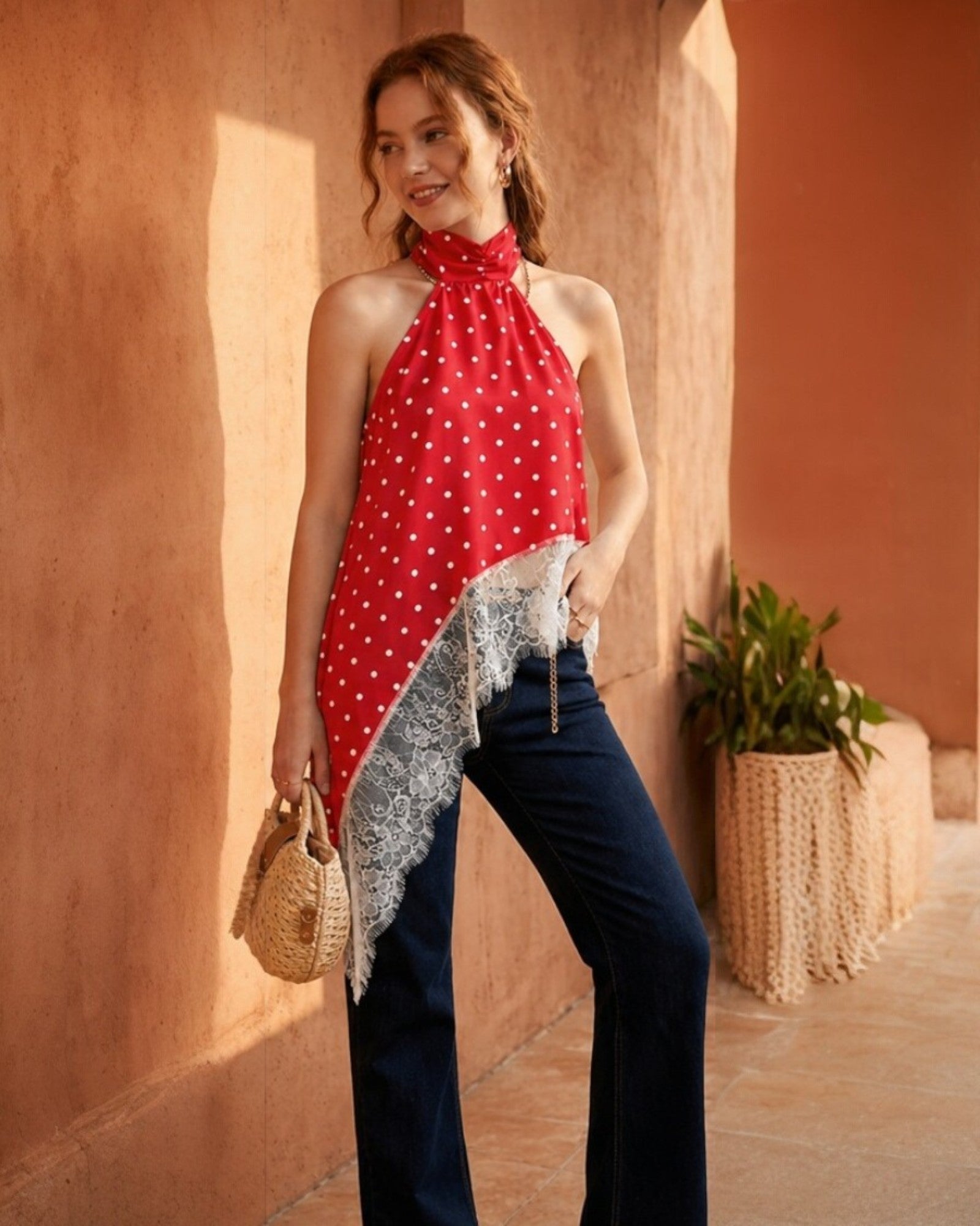 Polka Dot Halter Lace Asymmetric Top - Zilvina