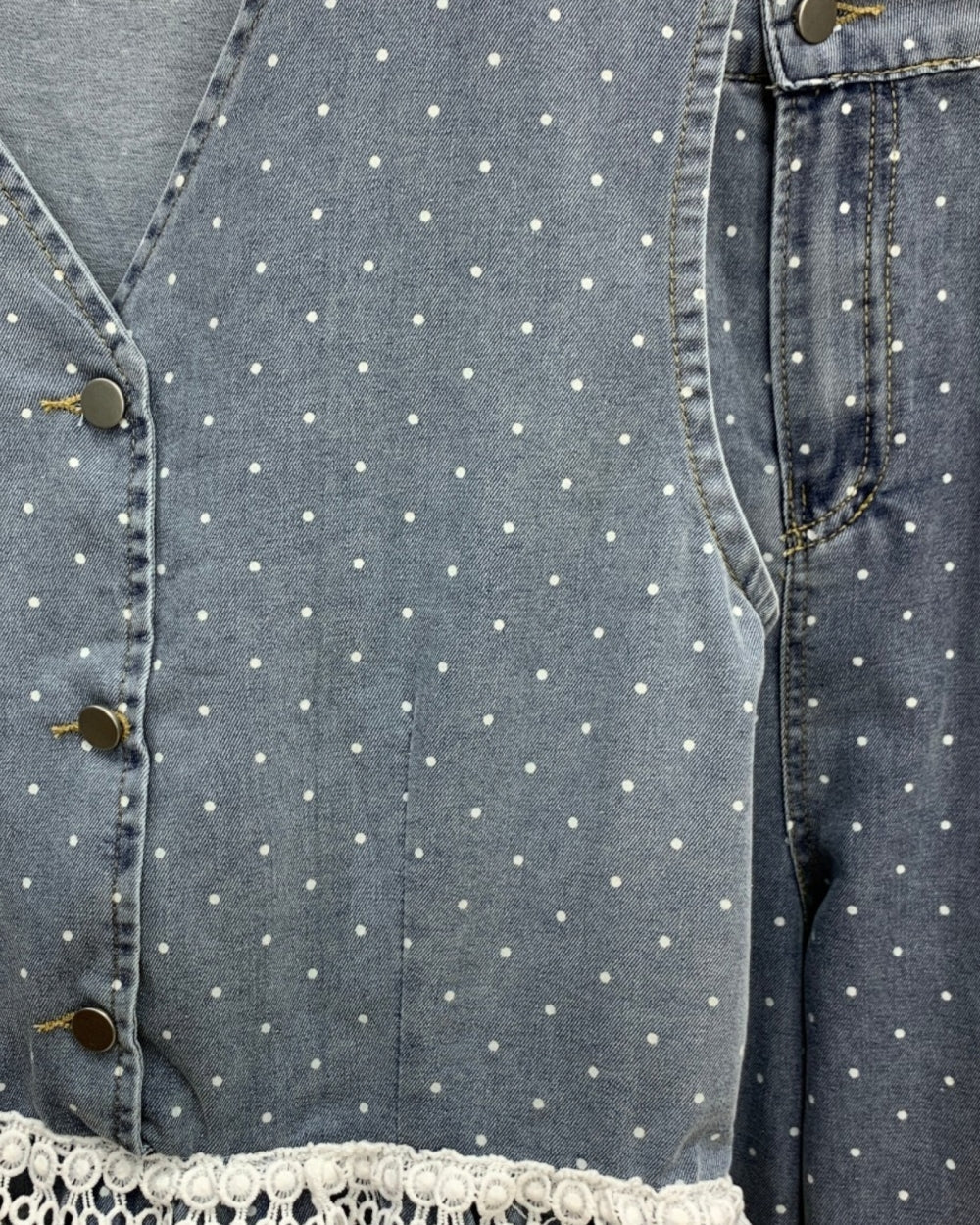Polka Dot Lace Denim Vest & Pants Set - Zilvina