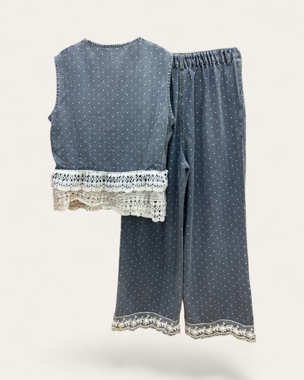 Polka Dot Lace Denim Vest & Pants Set - Zilvina