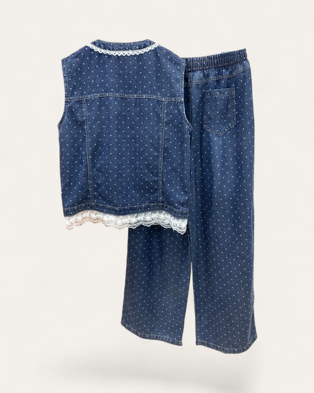 Polka Dot Lace Trim Denim Two-Piece Set - Zilvina
