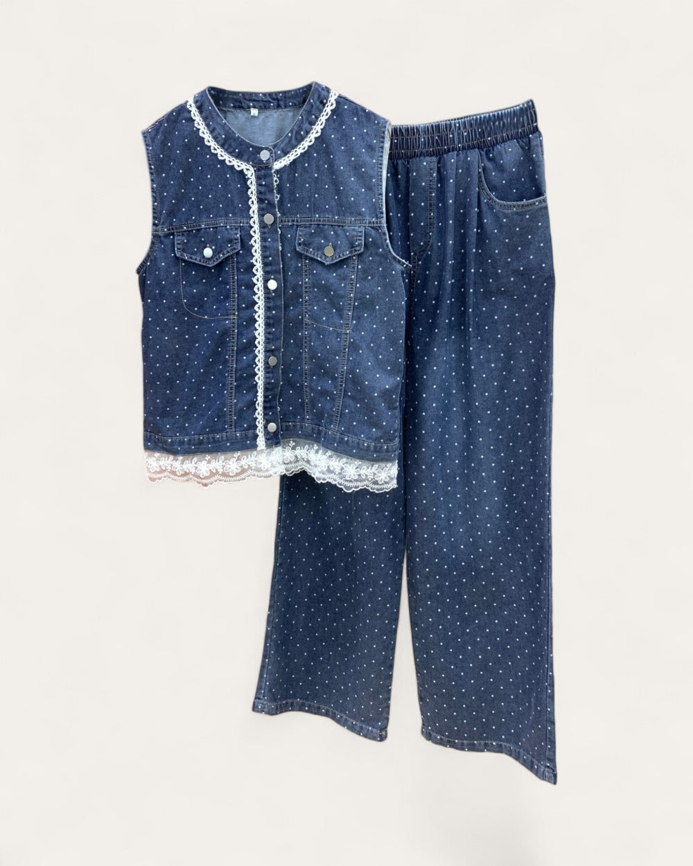 Polka Dot Lace Trim Denim Two-Piece Set - Zilvina