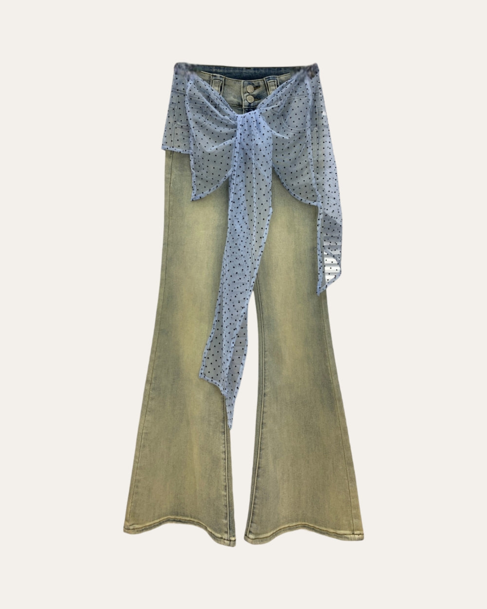 Polka Dot Mesh Scarf Flare Pants - Zilvina