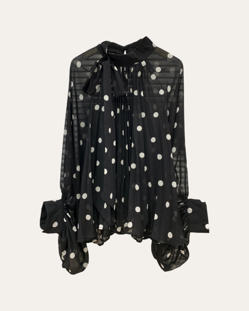 Polka Dot Pleated Blouse with Tie Neck - Zilvina
