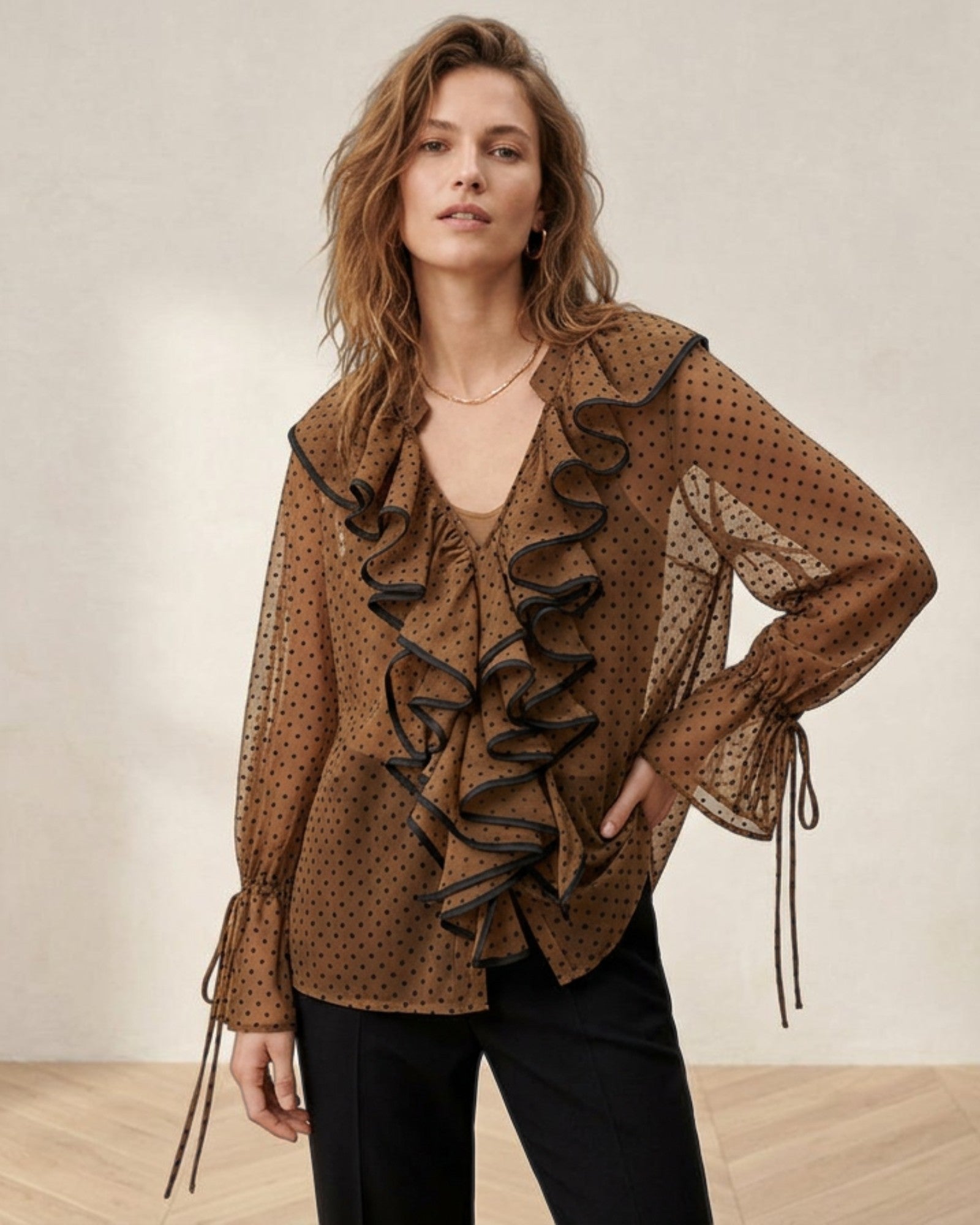 Polka Dot Ruffle Front Blouse - Zilvina
