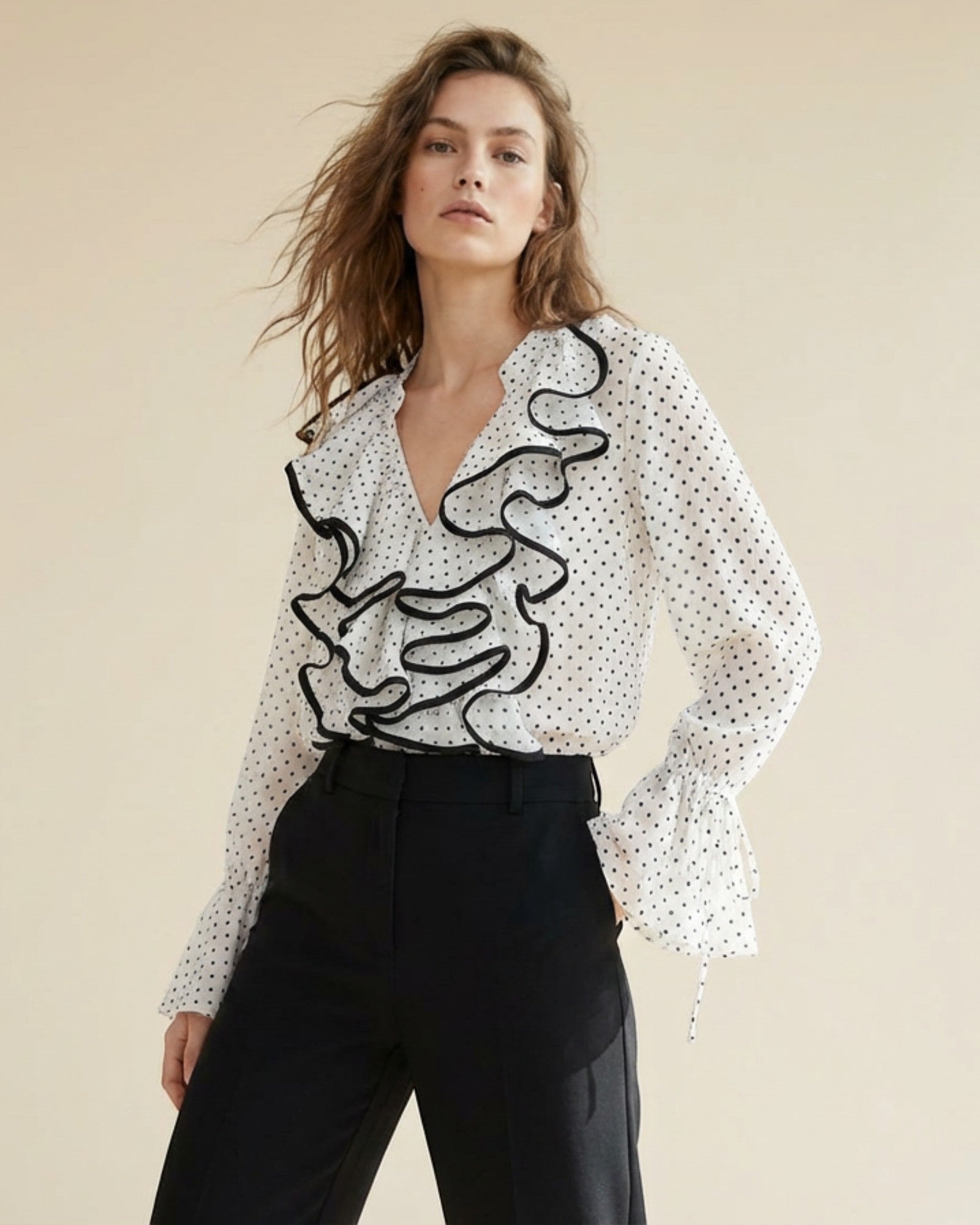 Polka Dot Ruffle Front Blouse - Zilvina