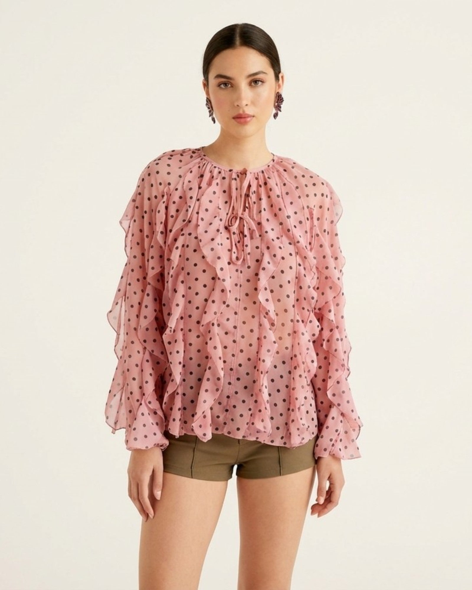 Polka Dot Ruffle Tie - Neck Blouse - Zilvina