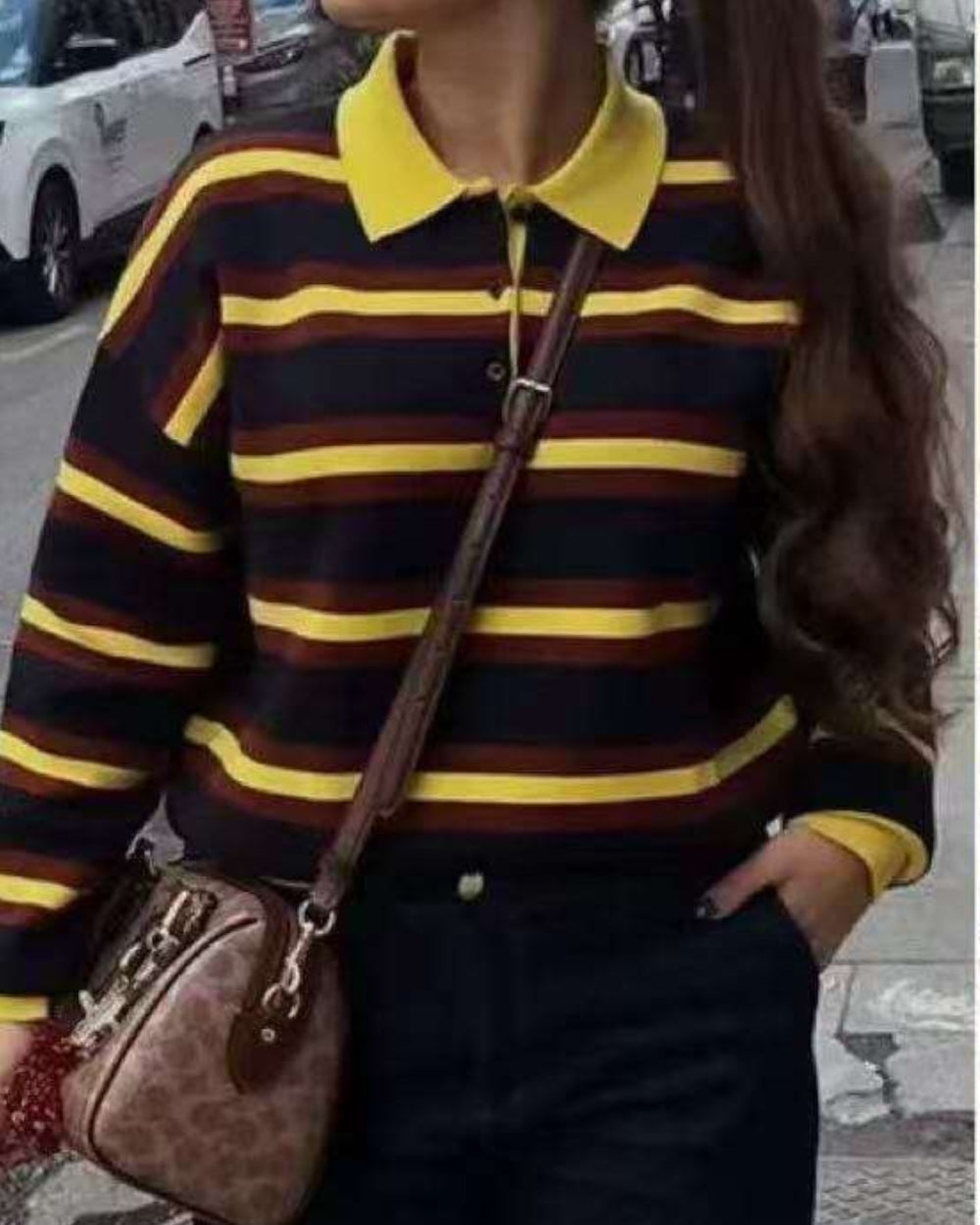 Retro Stripe Polo Knit Top - Zilvina