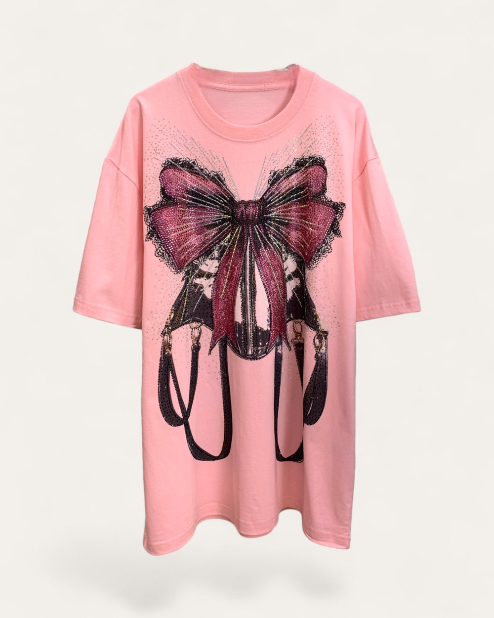 Rhinestone Bow Graphic Oversized Tee - Zilvina
