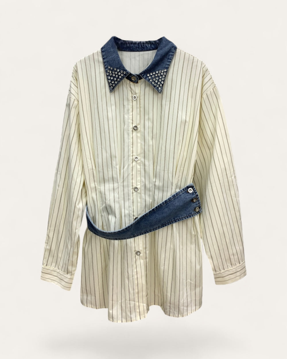 Rhinestone Collar Striped Shirt - Zilvina
