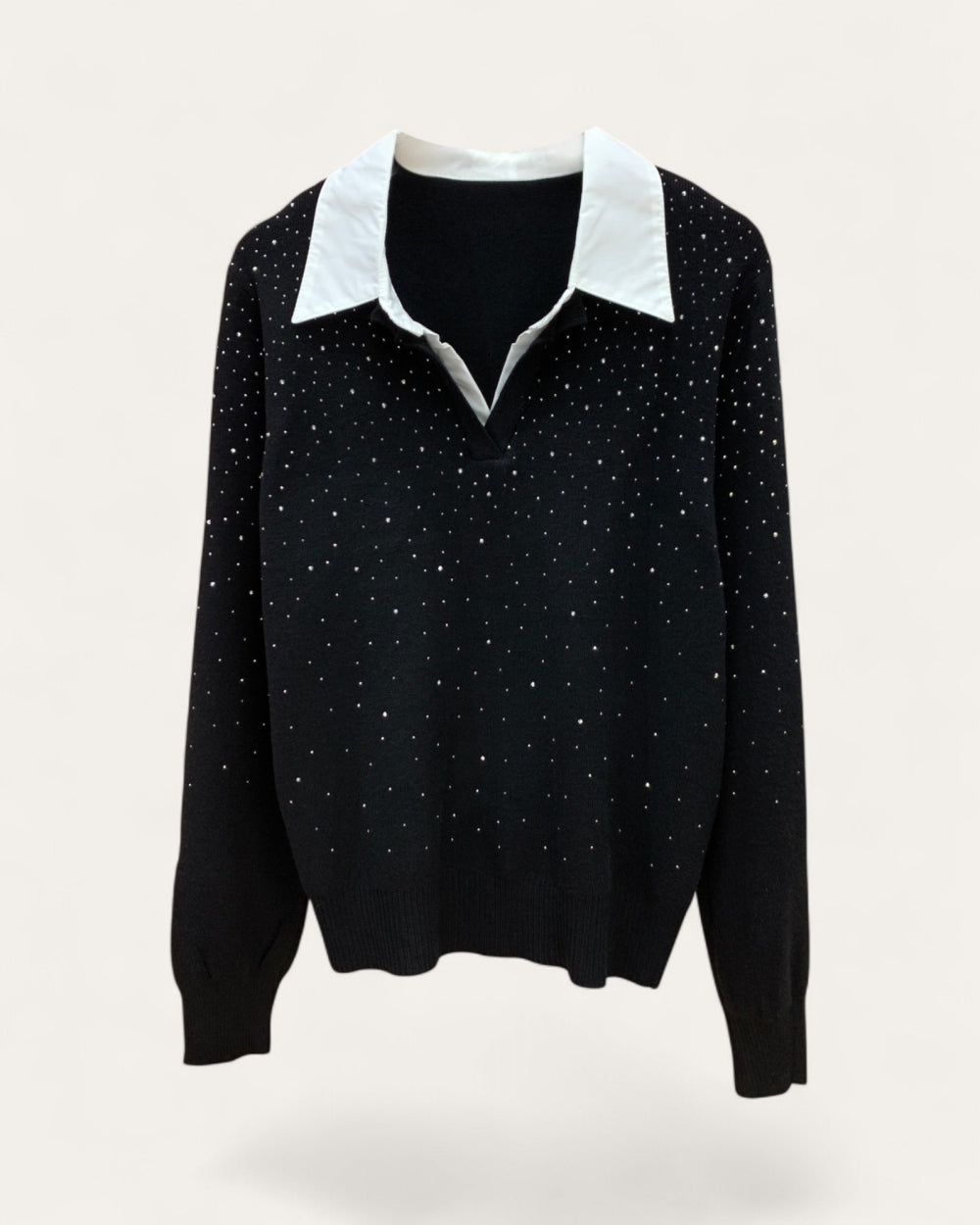 Rhinestone Collared Knit Sweater - Zilvina