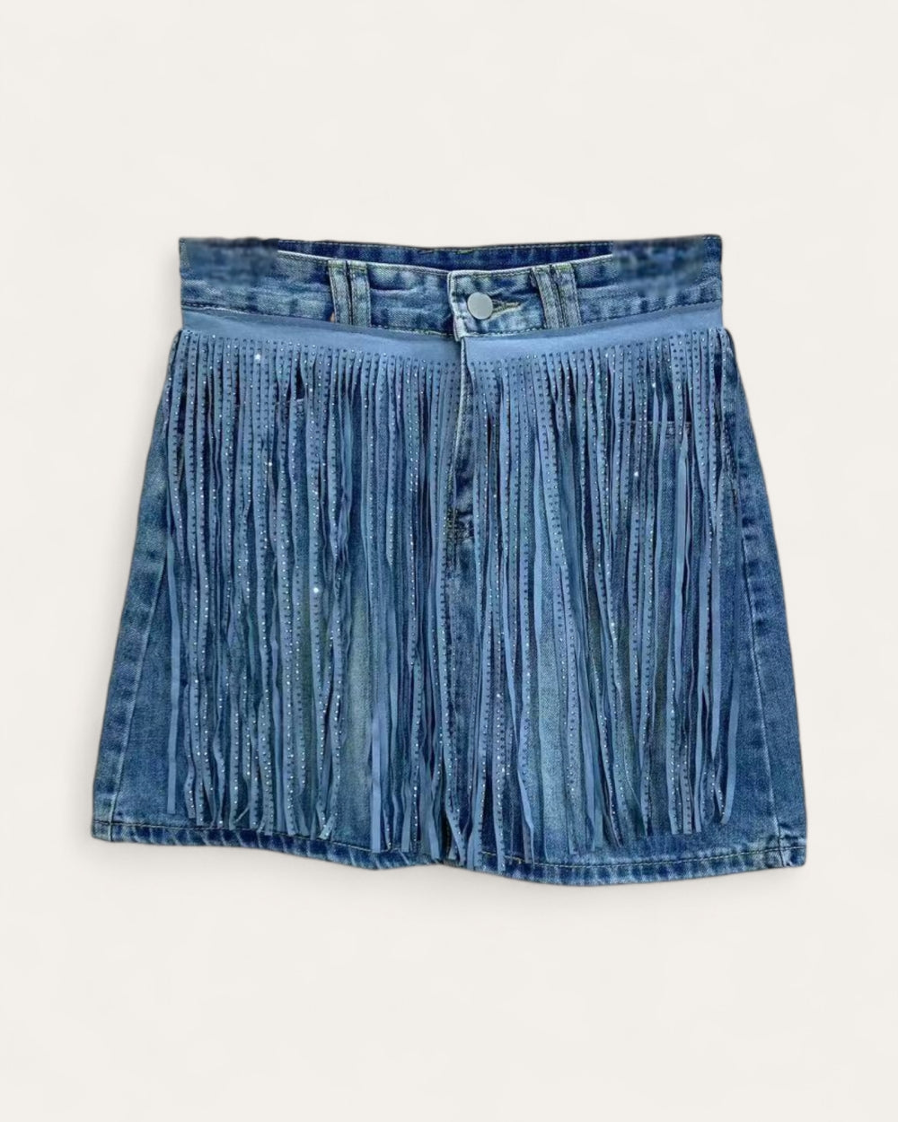 Rhinestone Fringe Denim Mini Skirt - Zilvina
