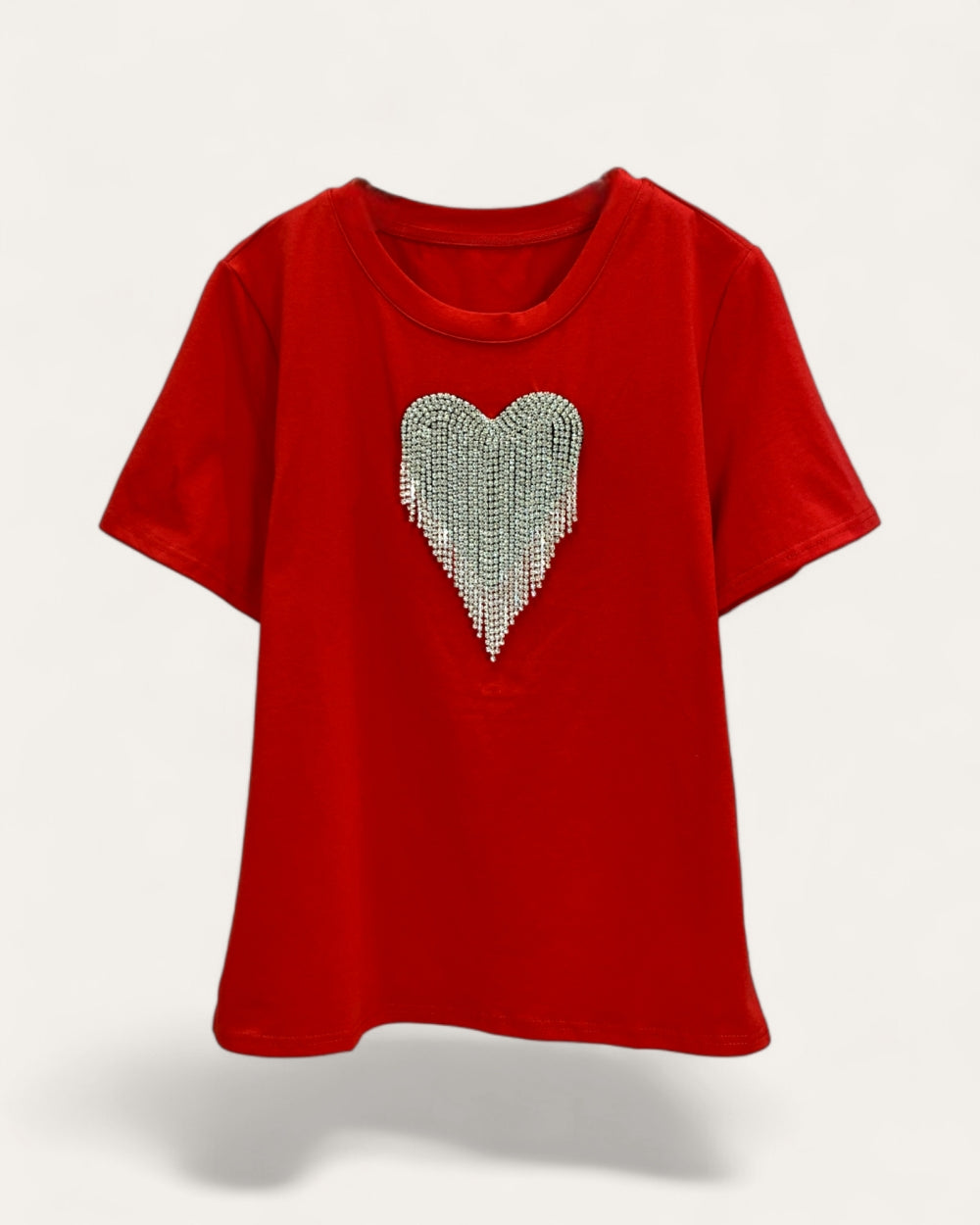 Rhinestone Heart Fringe Short Sleeve Tee - Zilvina