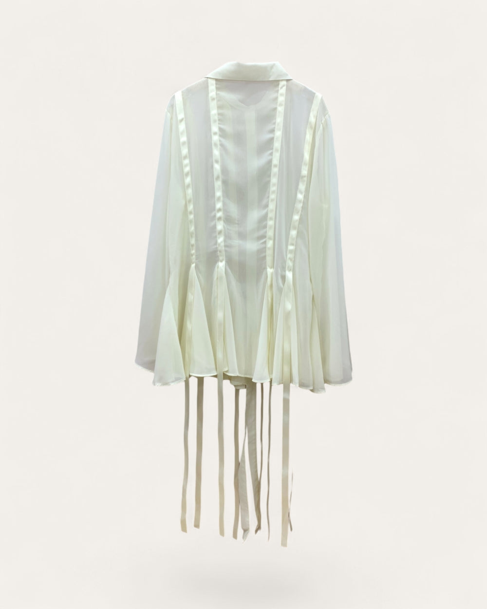 Ribbon Trim Pleated Long Blouse - Zilvina