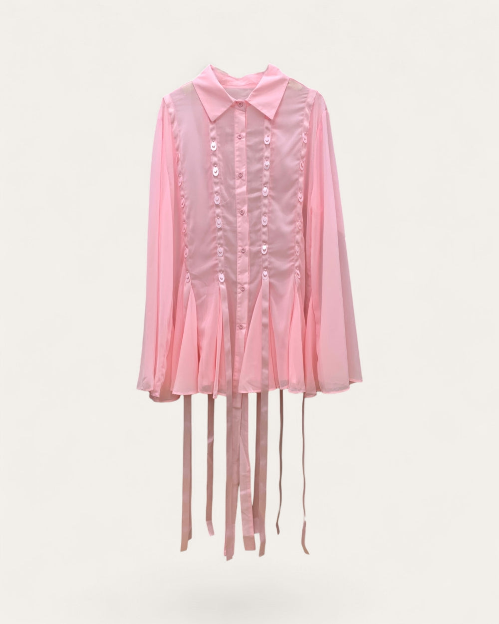Ribbon Trim Pleated Long Blouse - Zilvina