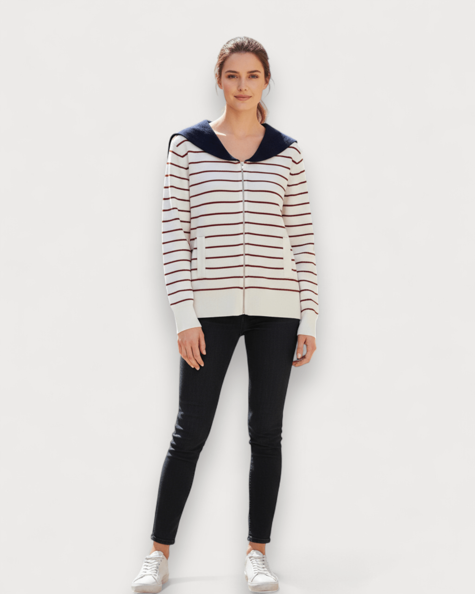 Sailor Collar Zip - Up Knit Cardigan - Zilvina