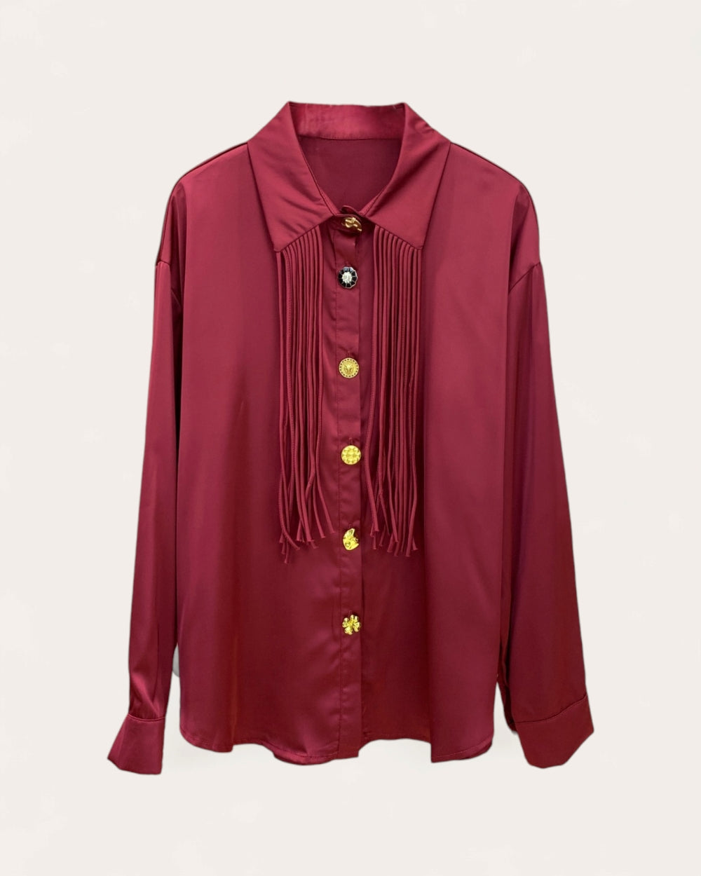 Satin Fringe Button-Up Blouse - Zilvina
