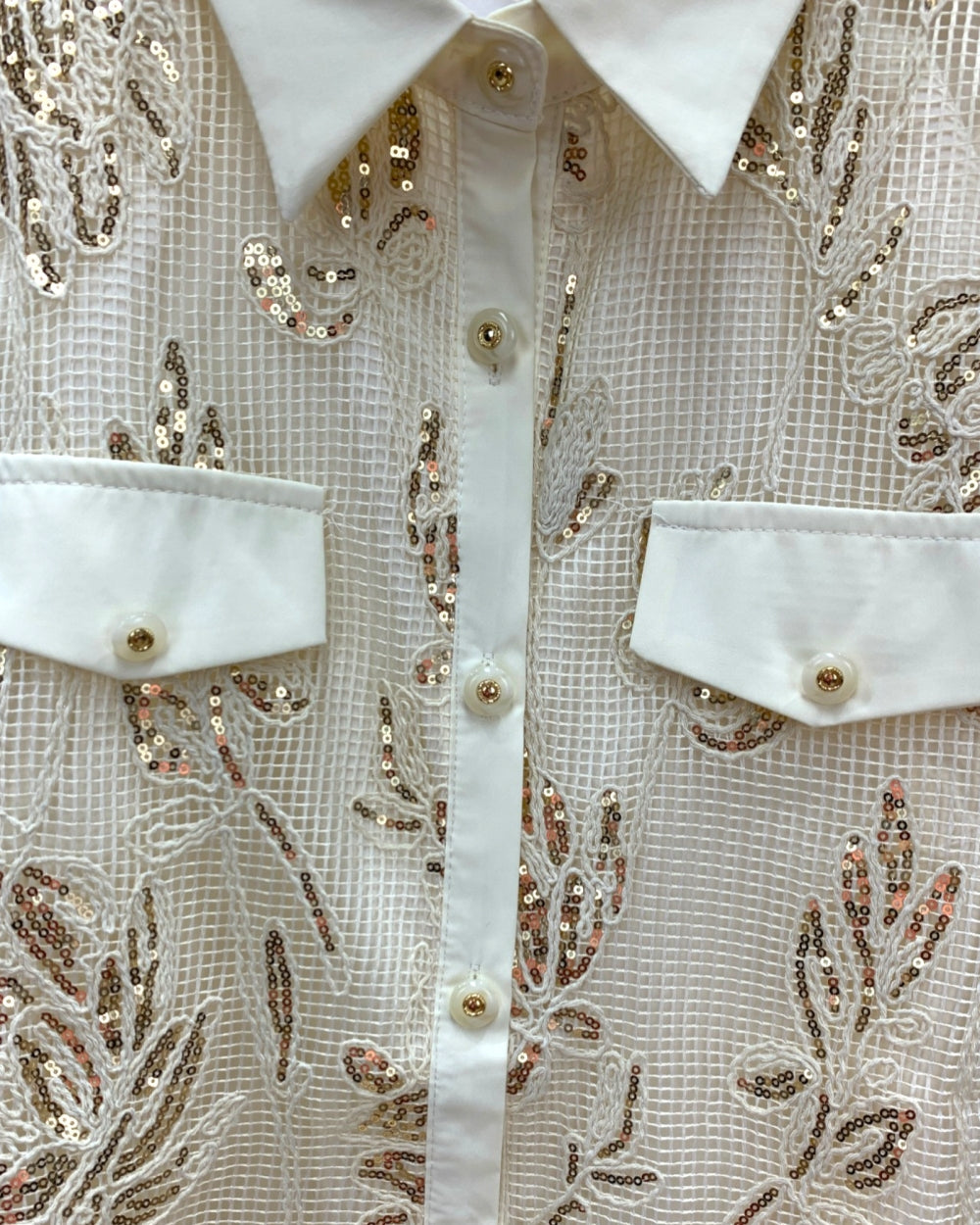Sequin Embroidered Sheer Shirt Blouse - Zilvina