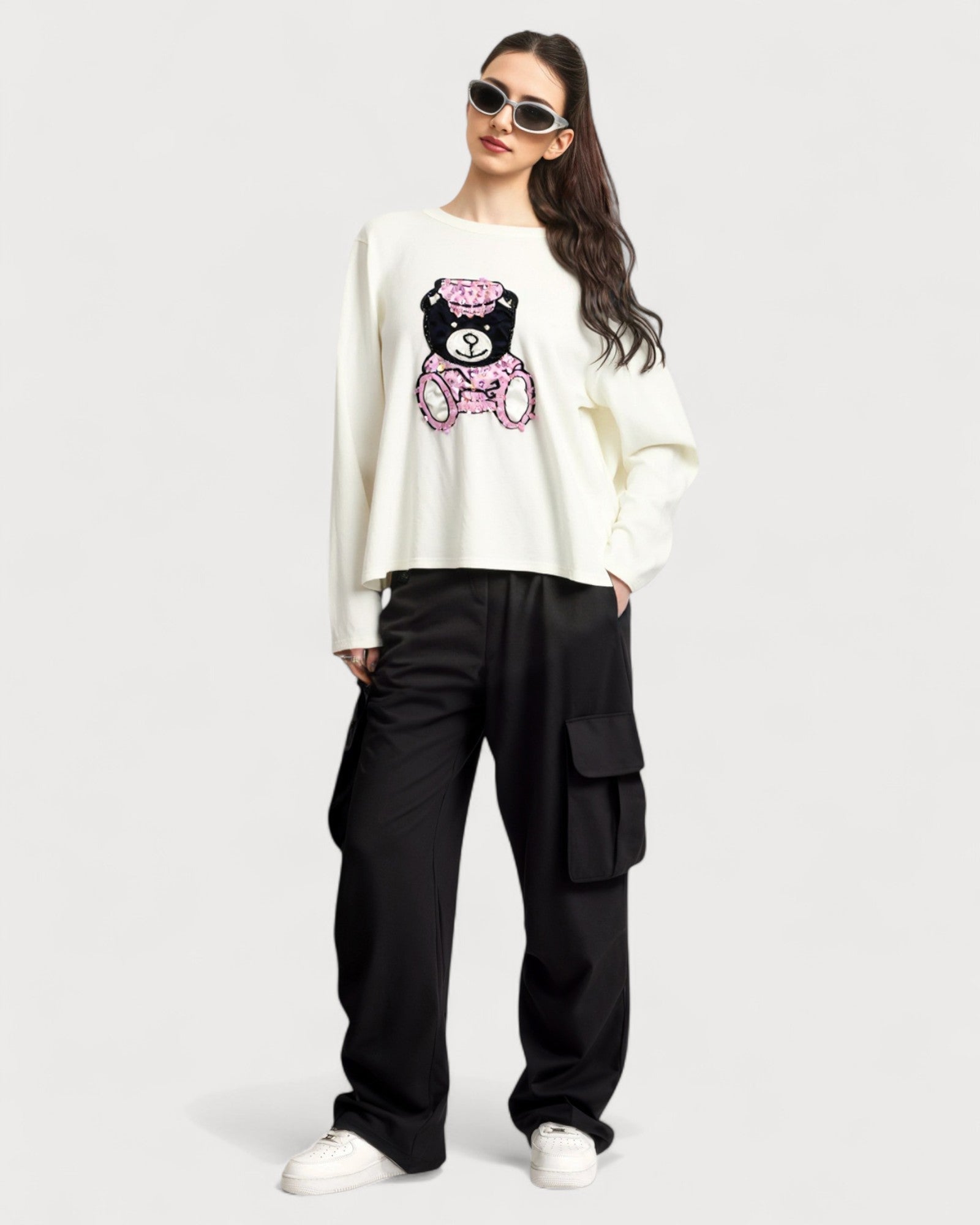 Sequin Teddy Graphic Long Sleeve Tee - Zilvina