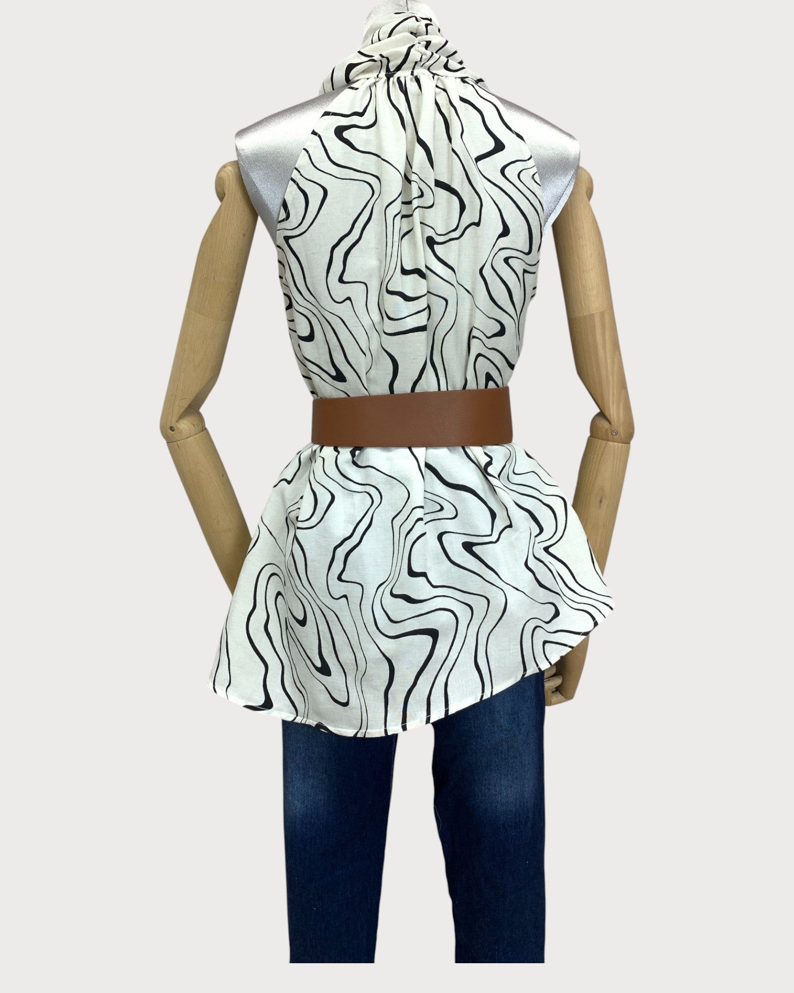 Sleeveless Printed Peplum Top with Belt - Zilvina