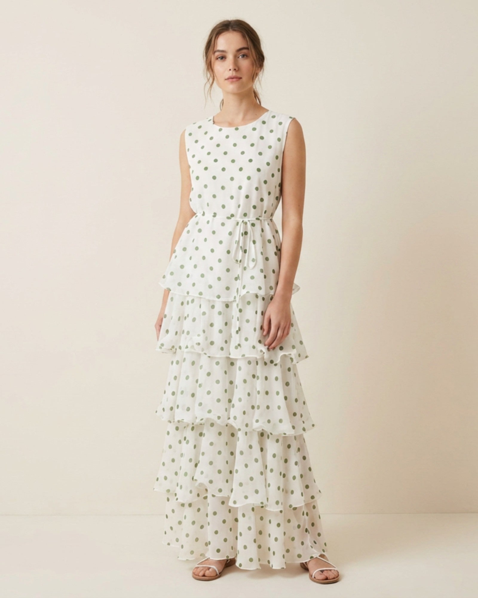 Sleeveless Tiered Polka Dot Maxi Dress - Zilvina
