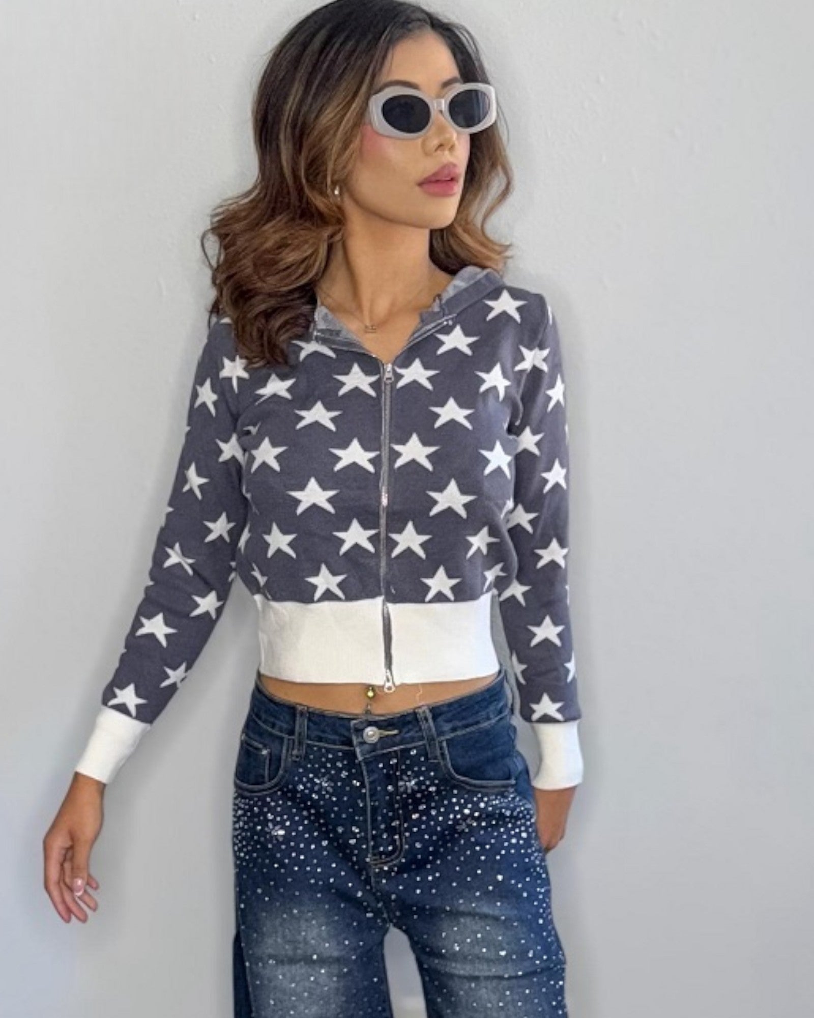 Star Print Zip - Up Hoodie - Zilvina