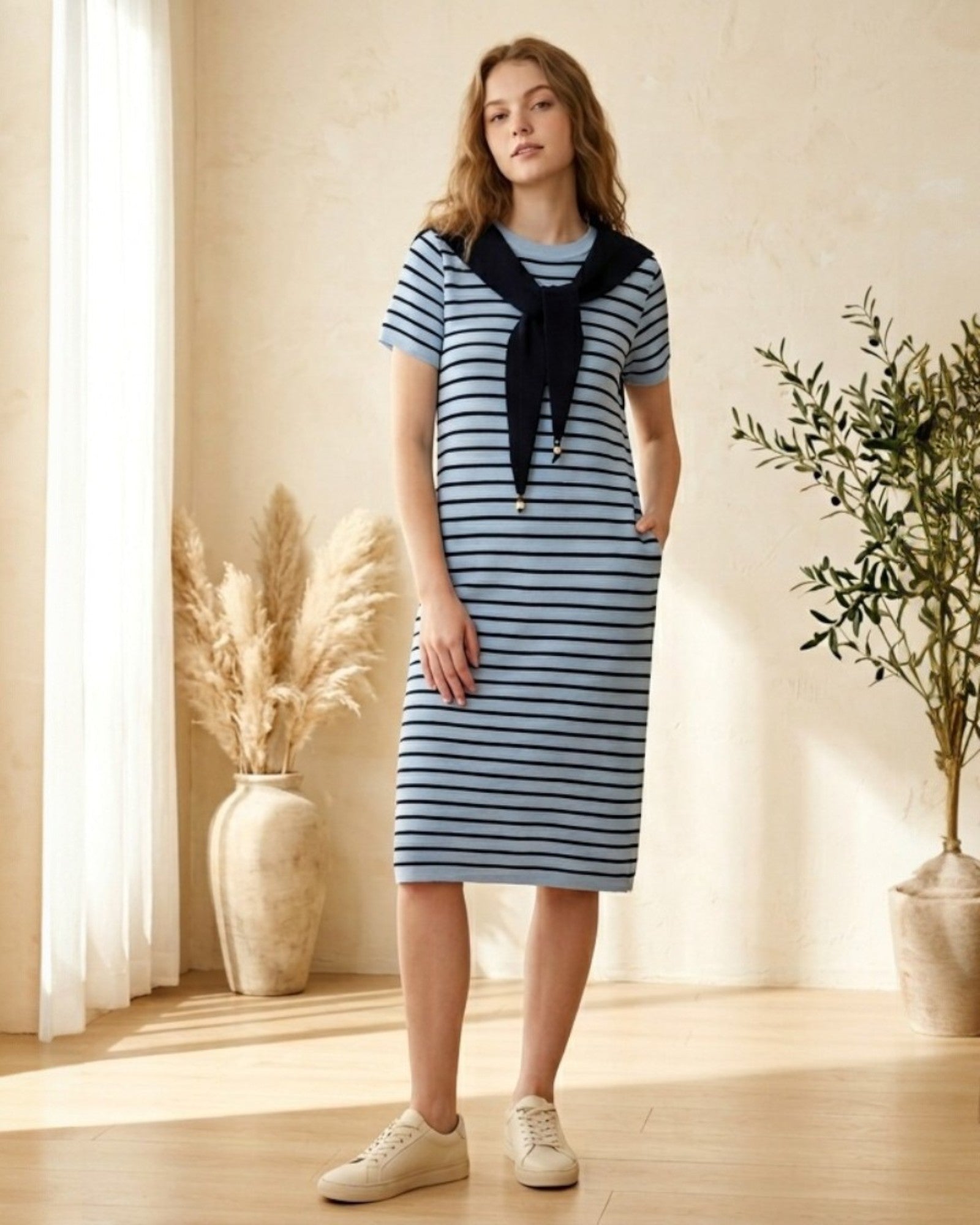 Striped Knit Midi Dress with Scarf Detail - Zilvina