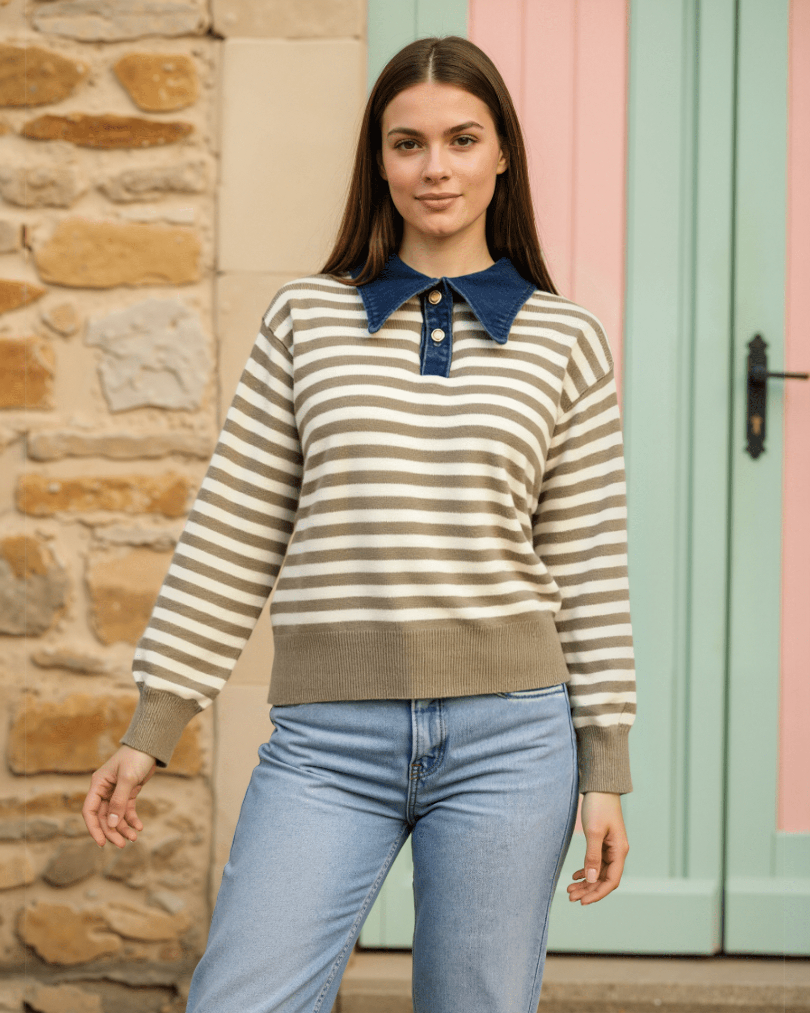 Striped Knit with Denim Collar - Zilvina