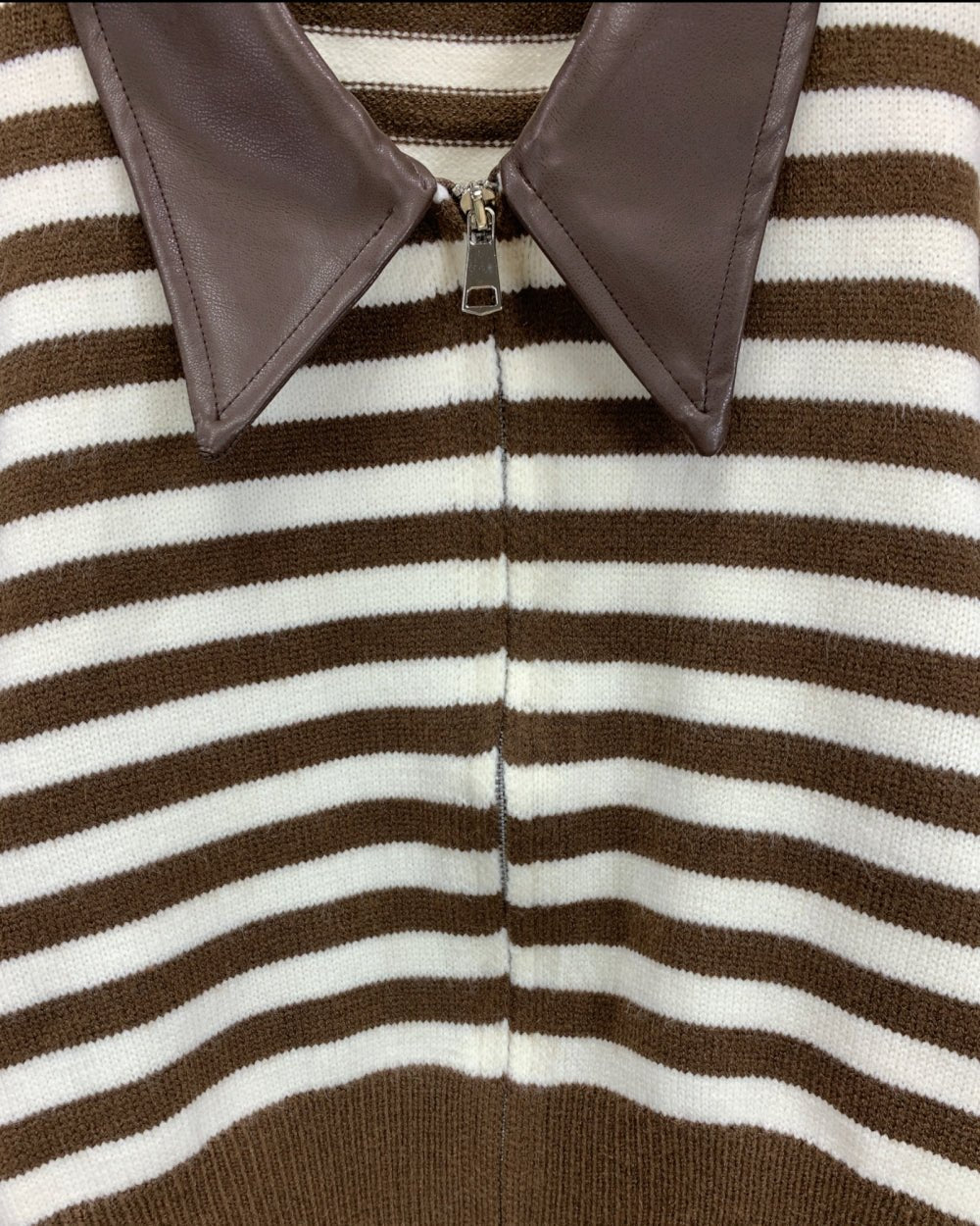 Striped Knit Zip Cardigan with Leather Collar - Zilvina