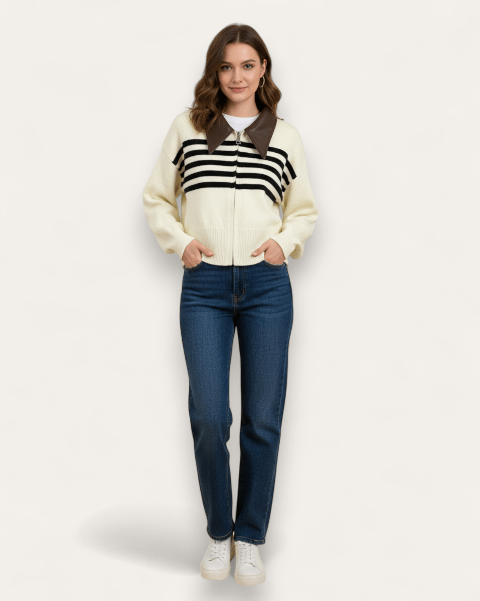 Striped Knit Zip Cardigan with Leather Collar - Zilvina