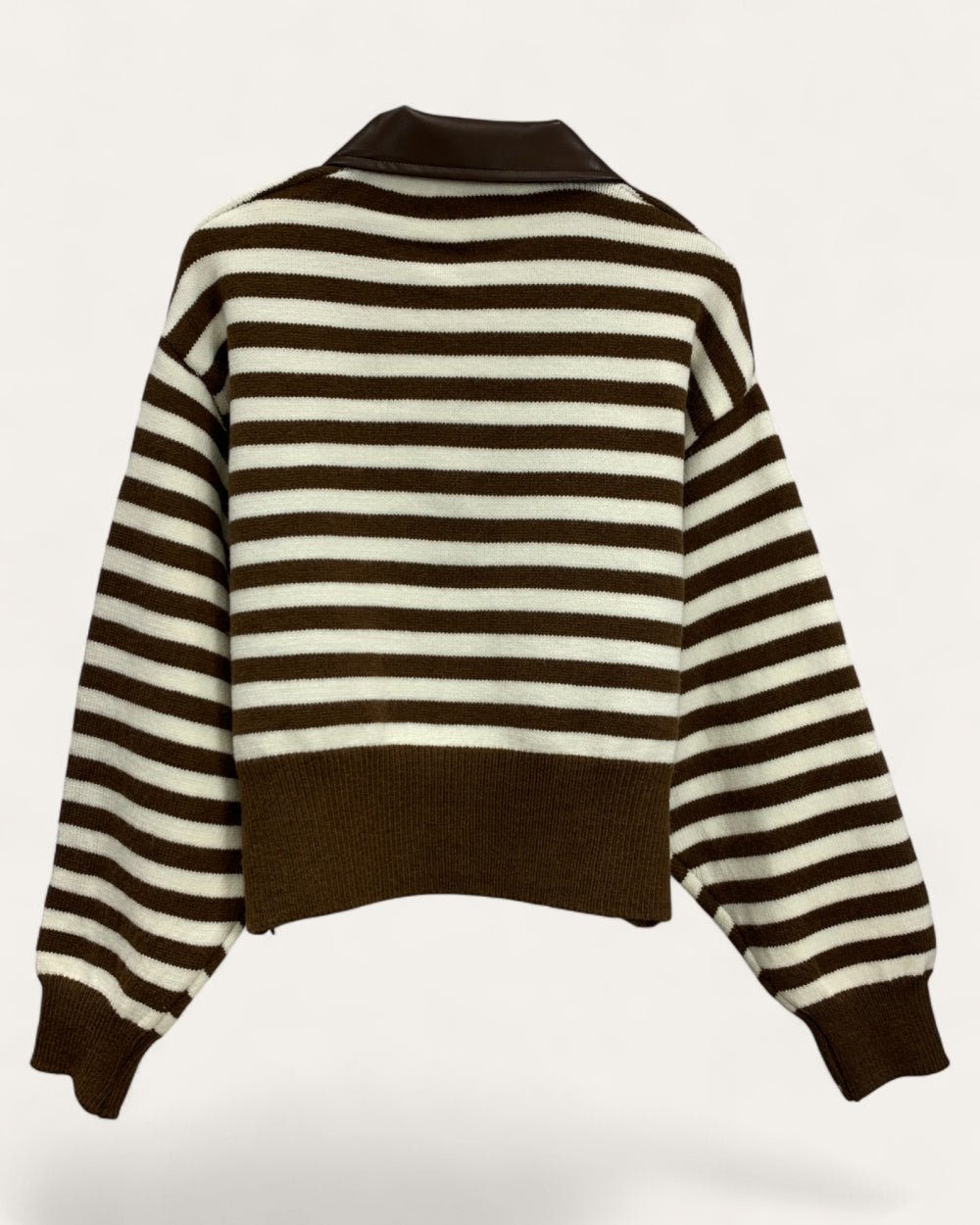 Striped Knit Zip Cardigan with Leather Collar - Zilvina