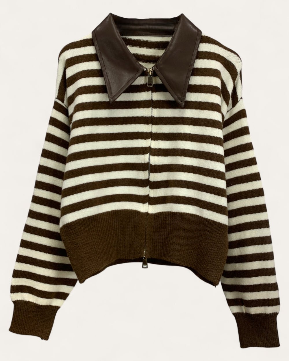 Striped Knit Zip Cardigan with Leather Collar - Zilvina