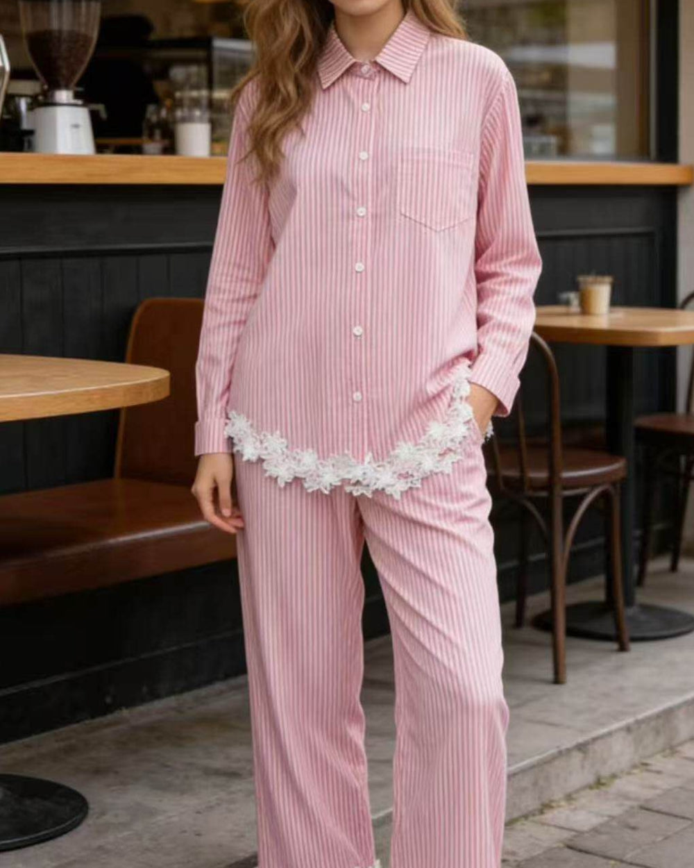 Striped Lace Trim Two Piece Set - Zilvina
