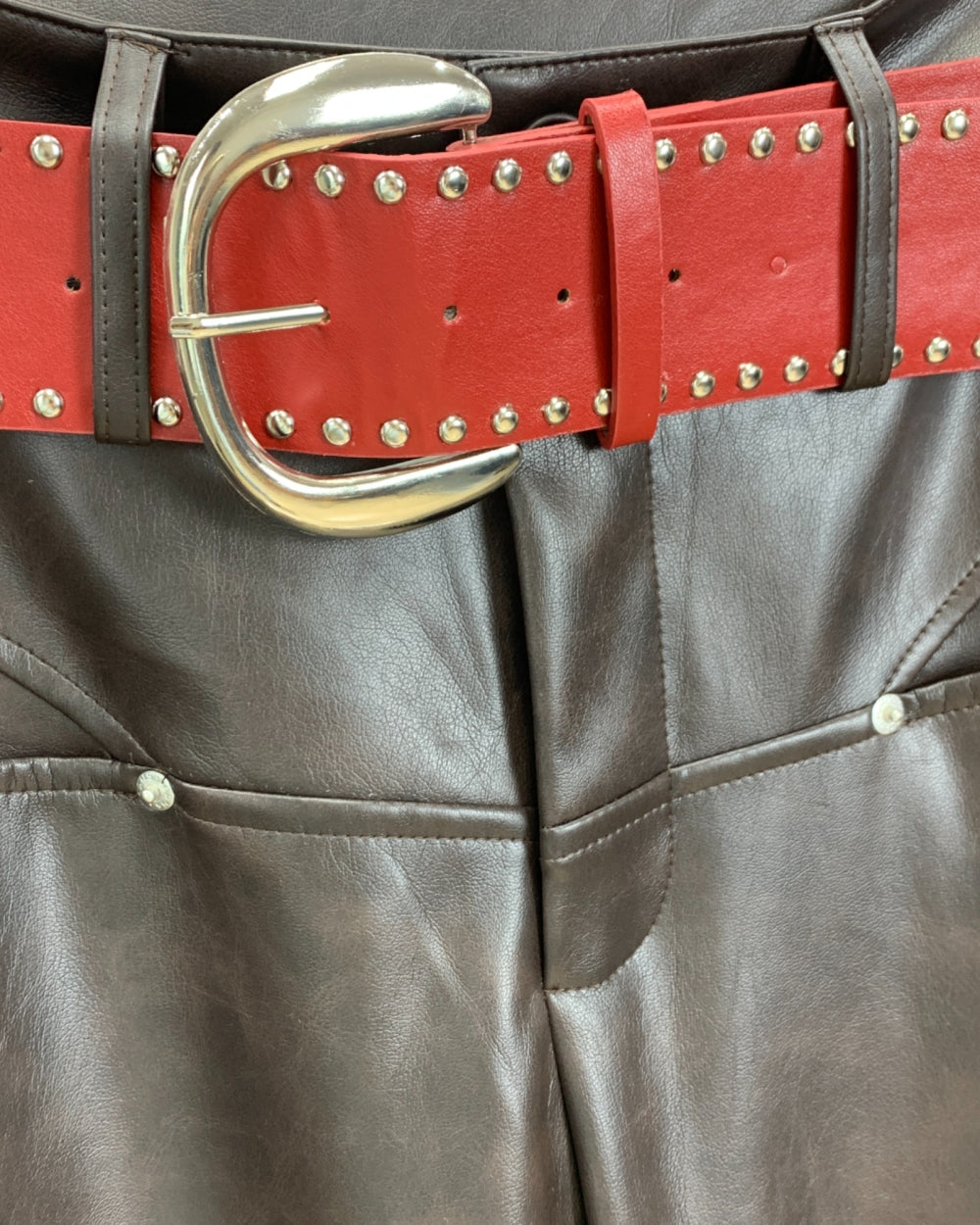 Studded Belt Faux Leather Pants - Zilvina