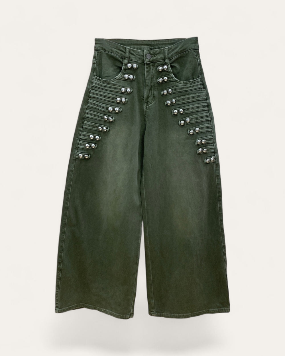Studded Military Wide Leg Jeans - Zilvina