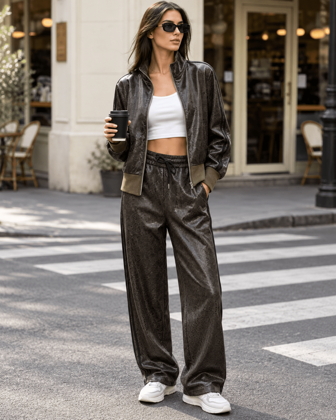 Textured Zip Jacket and Wide Leg Pants Set - Zilvina