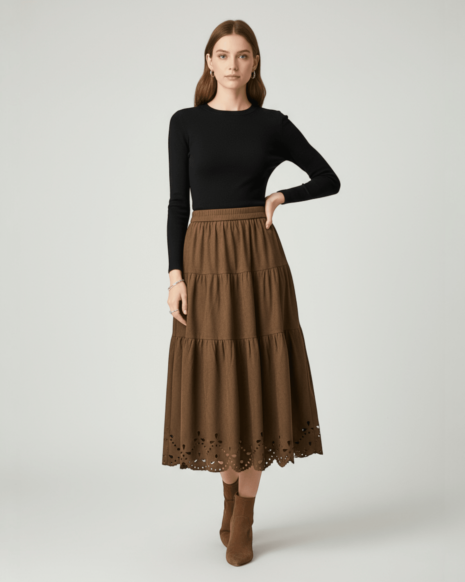 Tiered Faux Suede Midi Skirt - Zilvina
