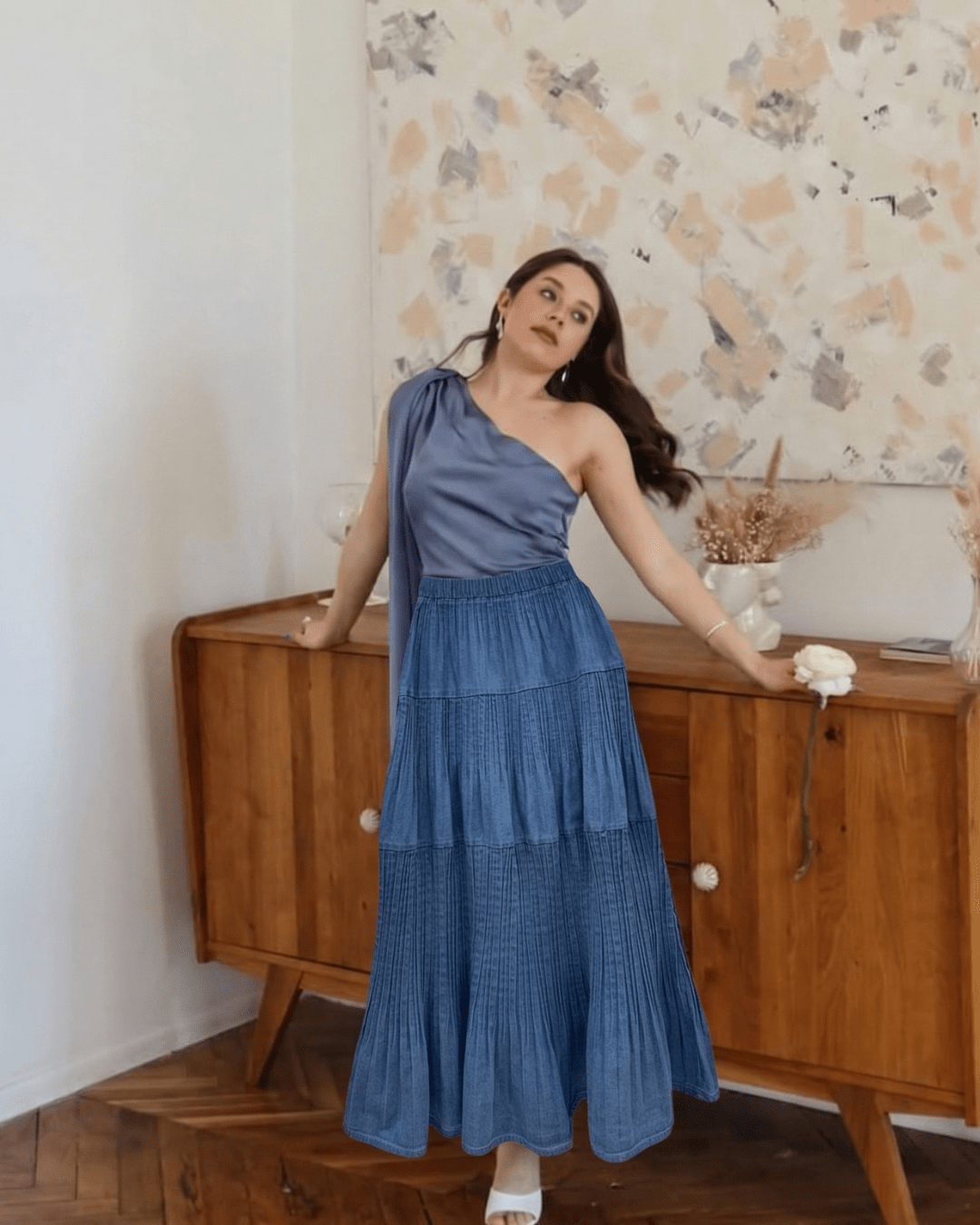 Tiered Pleated Denim Midi Skirt - Zilvina