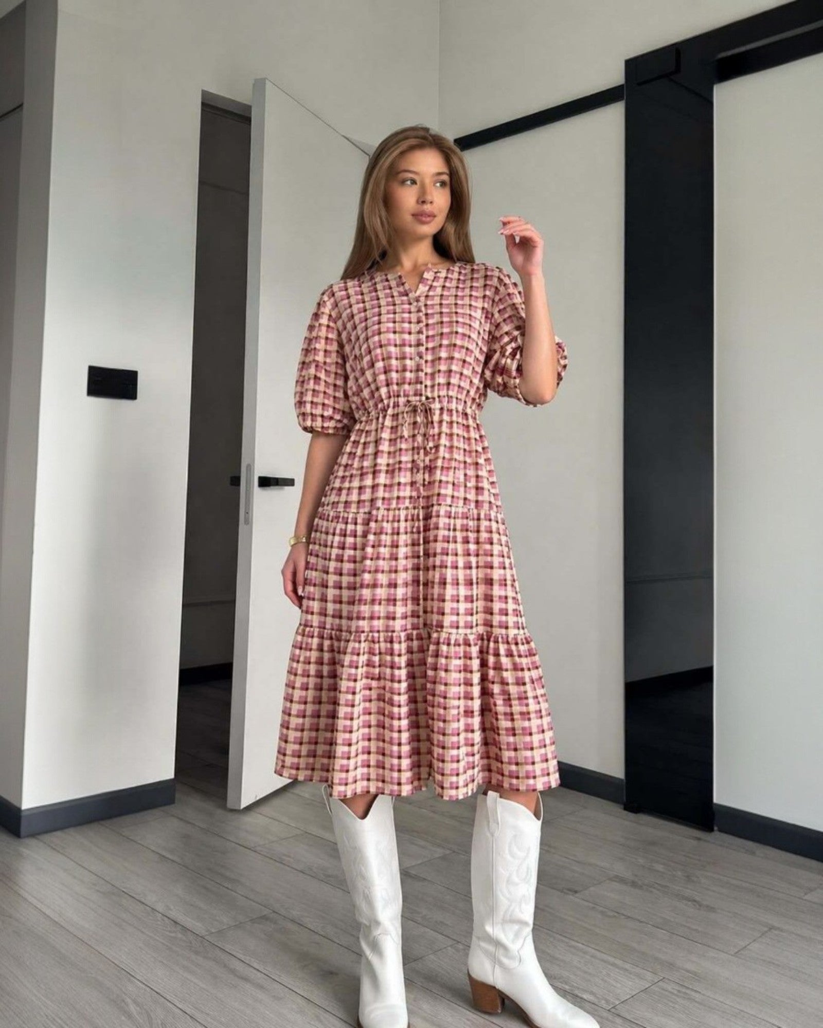 Gingham Tiered Midi Dress