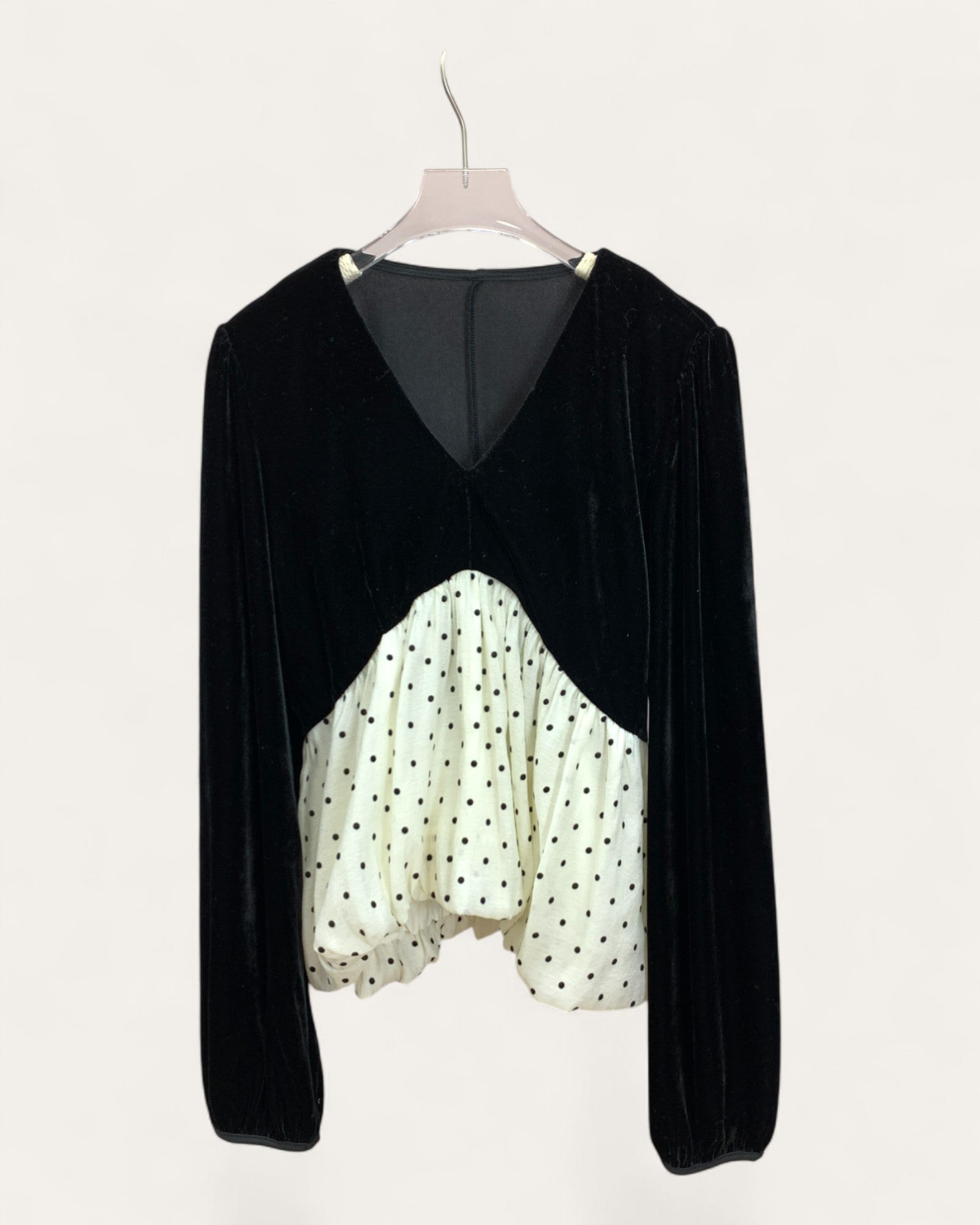 Velvet Babydoll Top with Polka Dot Mesh - Zilvina