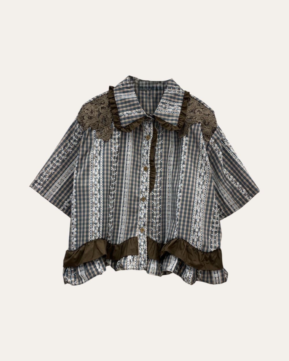 Vintage Lace Trim Plaid Shirt - Zilvina