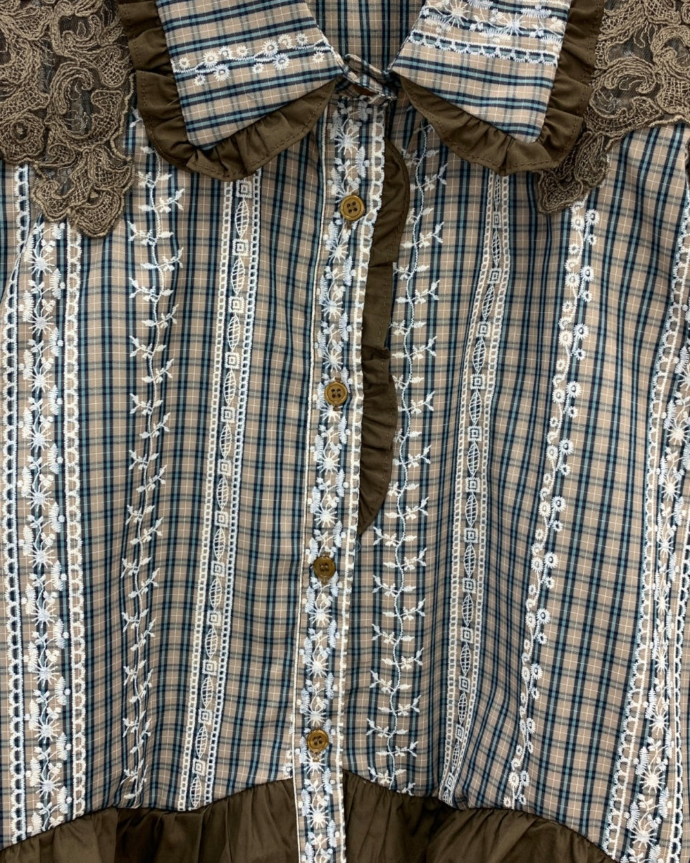 Vintage Lace Trim Plaid Shirt - Zilvina