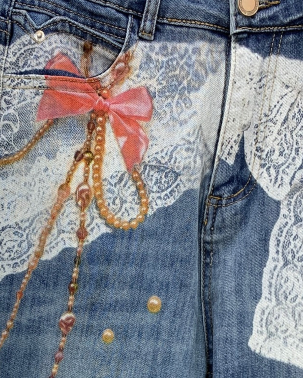Vintage Printed Lace & Bowtie Straight Leg Jeans - Zilvina