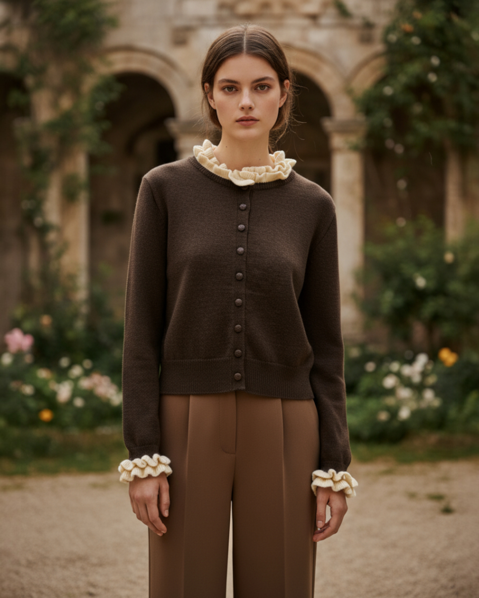 Contrast Ruffle Collar Knit Cardigan