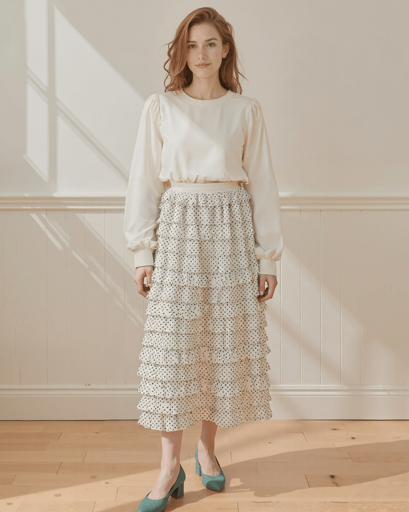 White Tiered Polka Dot Ruffle Skirt - Zilvina